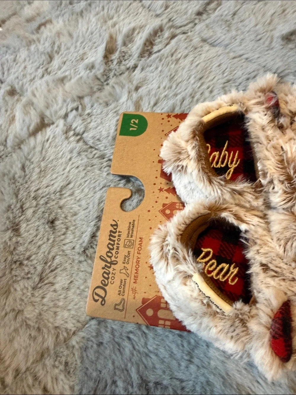 dearfoams Kids Plush Bear Slippers in Tan with Red Plaid Ears